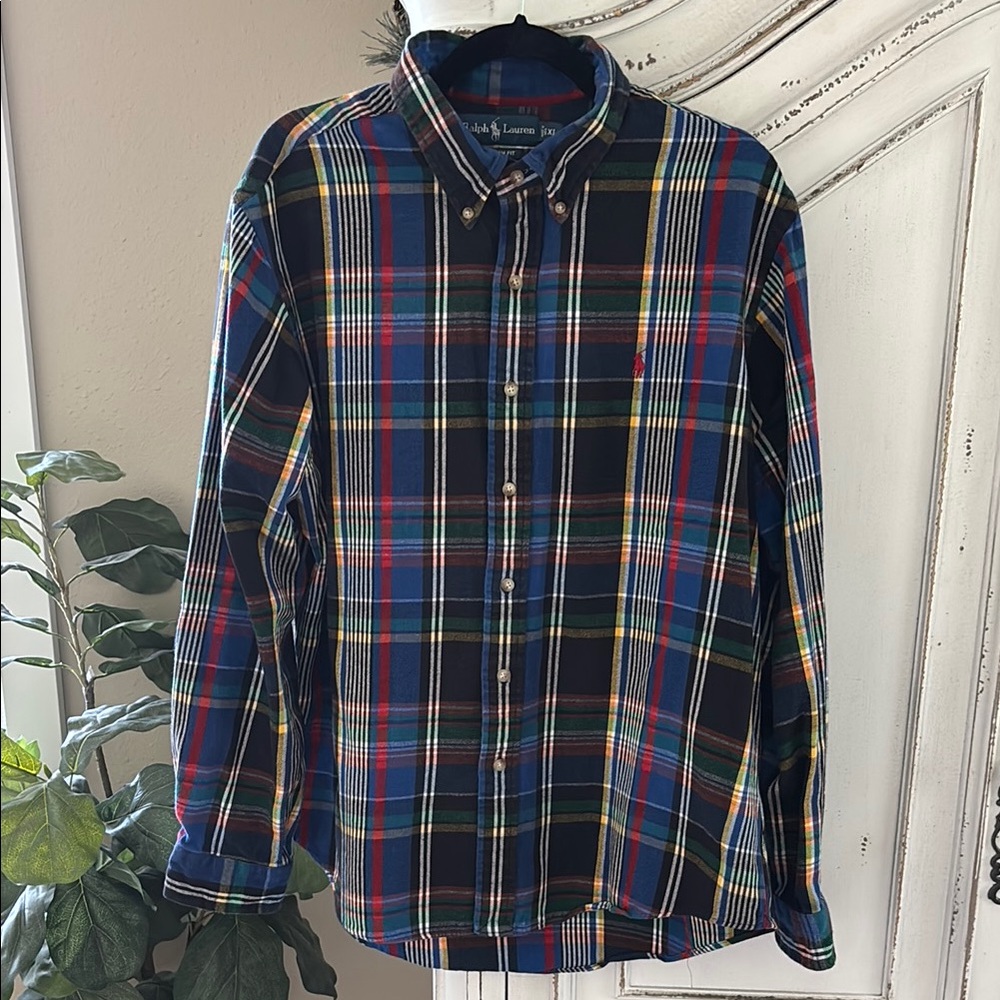 Vtg Ralph Lauren Custom Fit Multicolor Plaid Long Sleeve Flannel Button Down XL